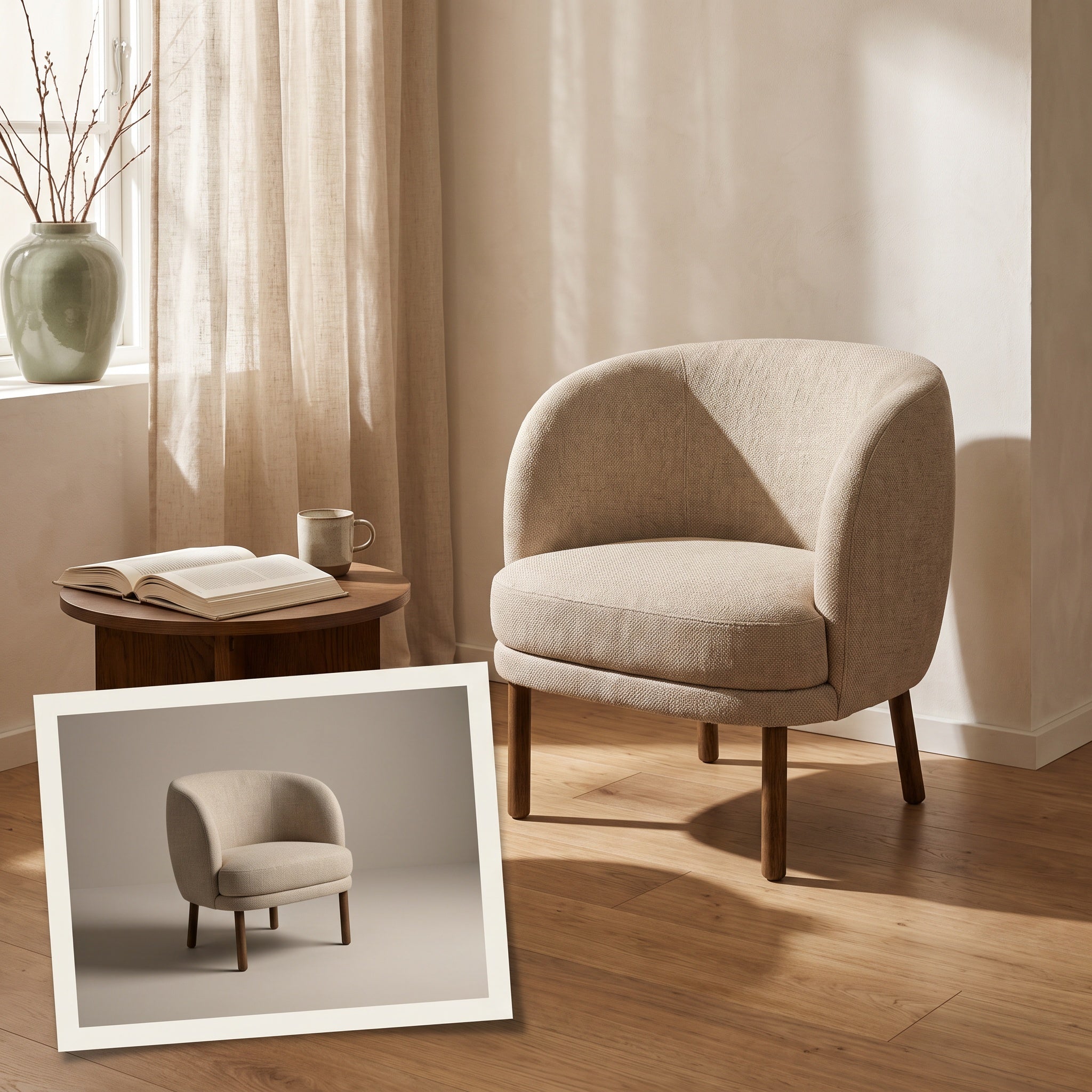 Sillón beige compacto en una sala con luz natural