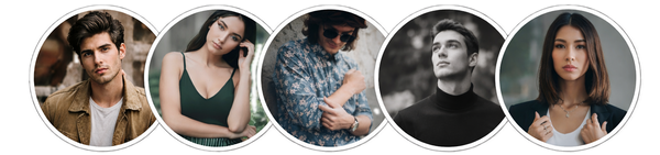 Five circular profile pictures of people on a white background